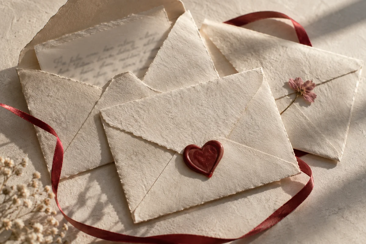 Cream paper envelopes with a burgundy heart seal, red ribbon and a pressed flower